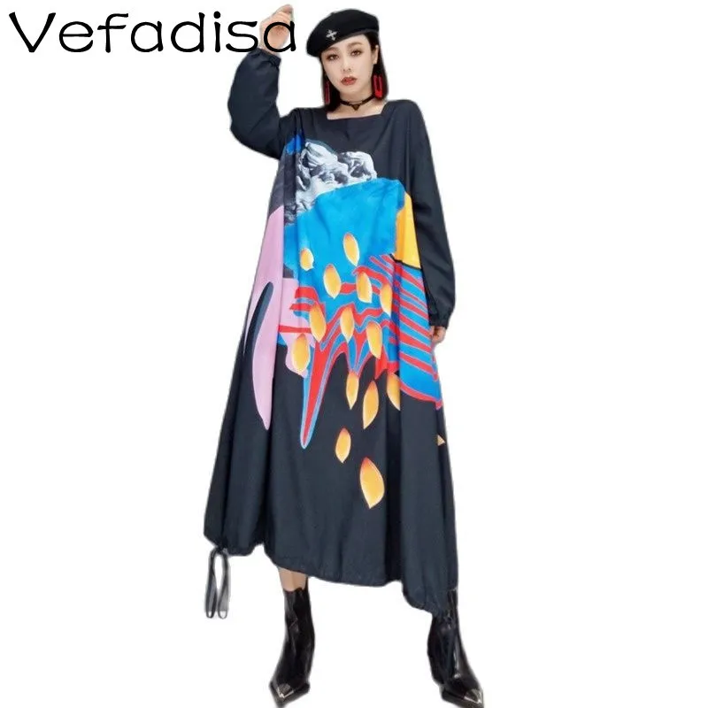

Vefadisa 2021 Autumn New Women Clothing Fashion Printed Drawstring Design Long Sleeve Dress Loose Square Neck Dress TT252