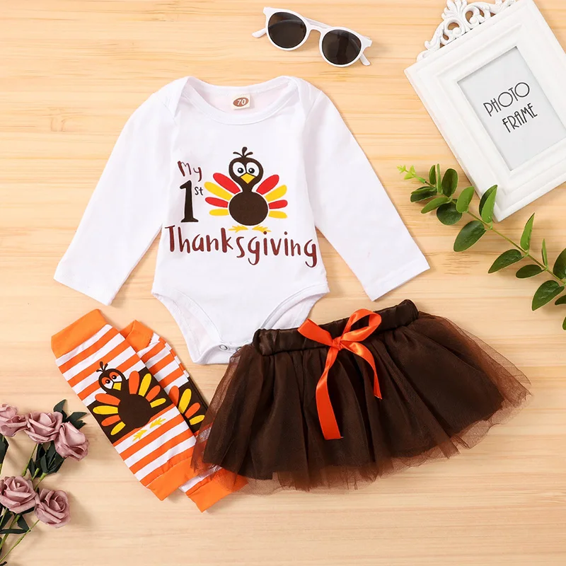 

Spring and Autumn New 0-24M Baby Girls Cartoon Alphabet Cotton Comfortable Long Sleeve Romper Infant Net Gauze Skirt Sock Sets