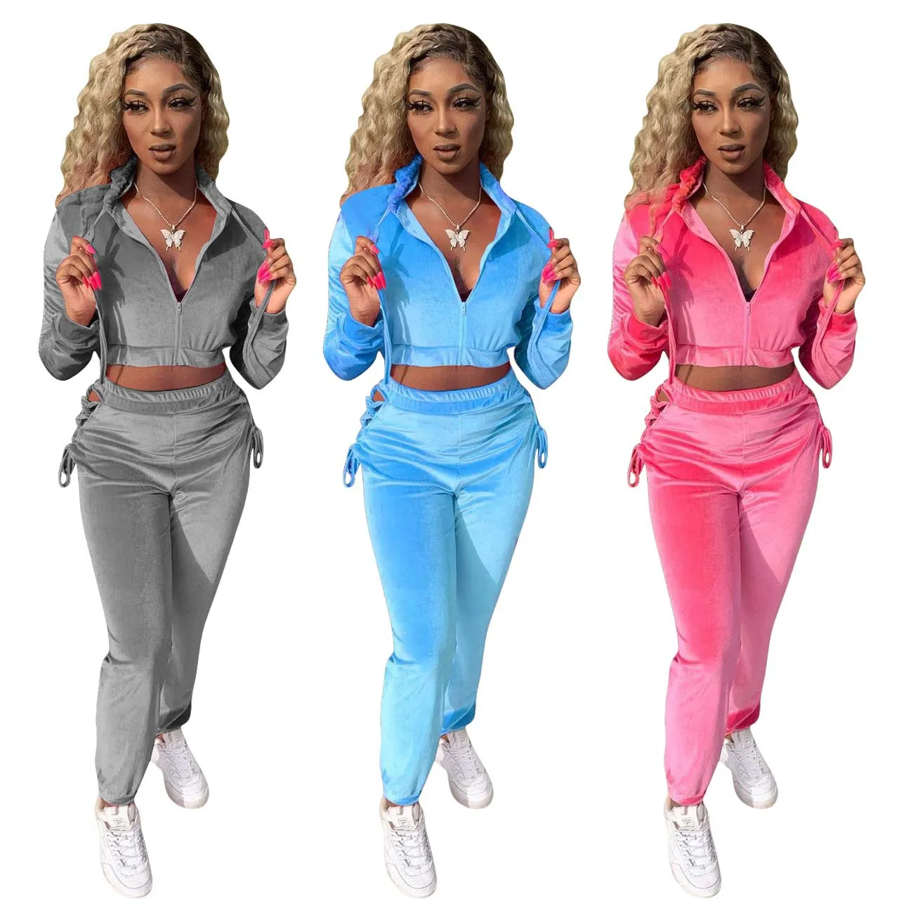 

Sexy Hoodie 2 Pieces Velvet Sets Women Hooded Stacked Long Sleeve Zipper Up Crop Top and Bandage Skinny Pants 2021 Winter Outfit