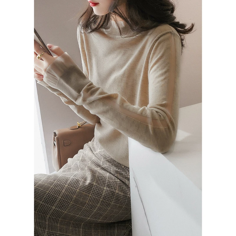 

OLOME 2021 new cashmere beautiful temperament show thin delicate woman Lace Gauze O-neck wool wool bottoming sweater women