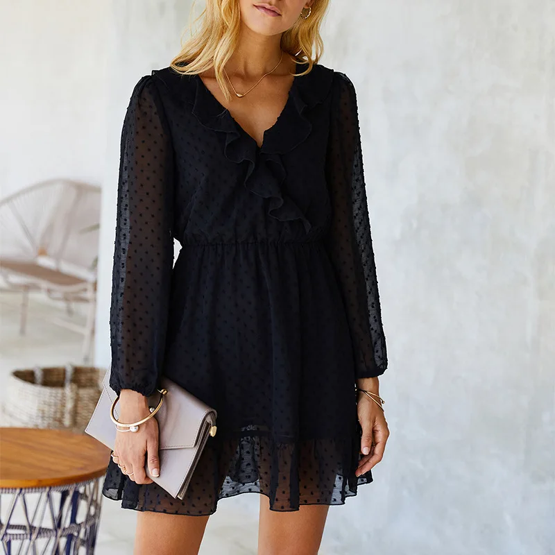 

Sexy V Neck Ruffles Dress Women Full Length High Waist Summer Solid Dress Female Casual A Line Dress Office Lady 2021 Clothes