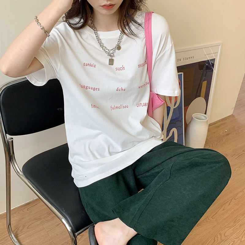 

2021 Summer Women T Shirt Personalized Words Letter Print T Short Sleeve Tee 2 Colors