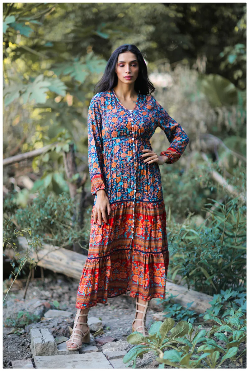 

Europe Dress Women Summer New 2020 Fashion Ladies Dress Bohemian Printed Long-Sleeve Women Clothing U756