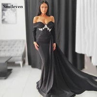 smileven black pleats mermaid evening dress lace appliques prom dresses floor length dubai party gowns