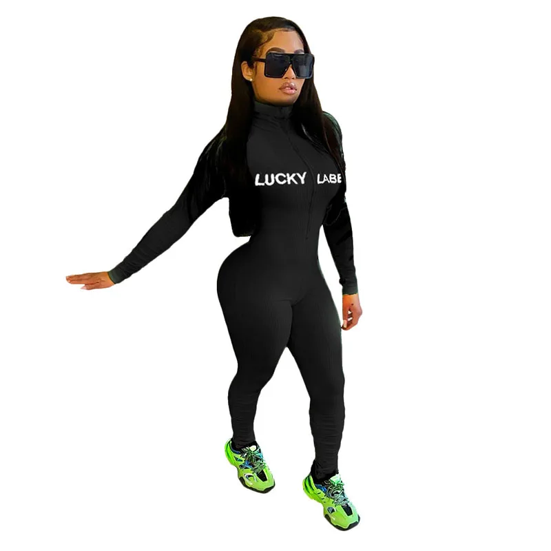 2021 Spring Women Lucky Label Jumpsuit Sexy Slim-fit Zipper Solid Color Letter Embroidery Rompers  Bodysuit Women