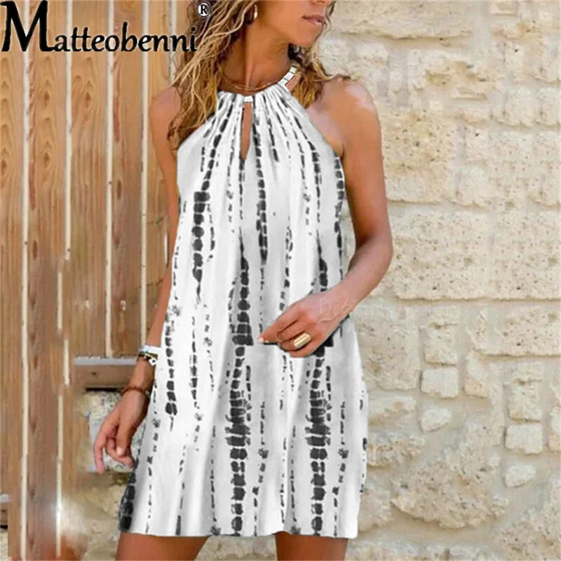 

Summer Women Halter Off-Strapless Sleeveless Print Dresses 2021 Ladies Fashion Casual Sexy Hollow Out Beach Dress
