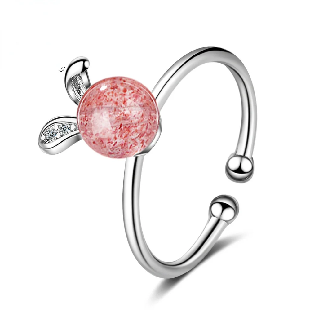 

Strawberry crystal cute rabbit 925 pure ring female Korean version of small animal pink ring sweet woman index finger
