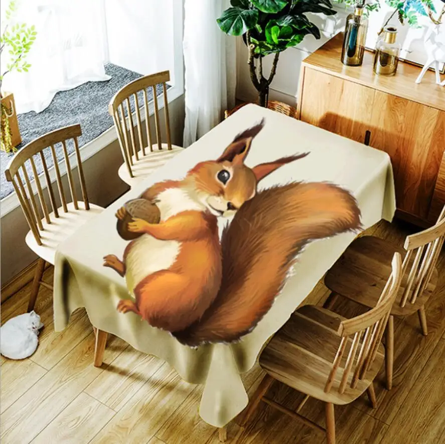 

3D Squirrel Nut Animal Printing Polyester Waterproof Tablecloth Washable Cotton Dustproof Rectangular Table Cloth Customizable