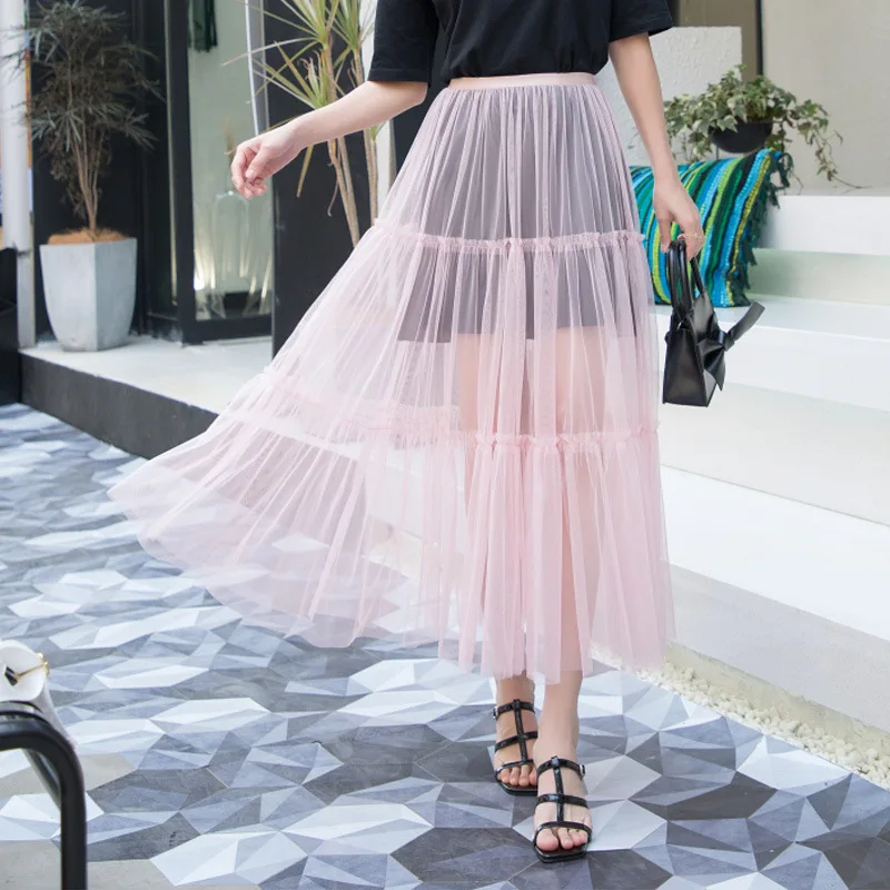 

Sexy Tulle Skirt Gauze Black Skirt Solid Empire A-Line Casual Skirt High Waist Skirt Women Tutu Skirt Summer Midi Skirt 2020 New