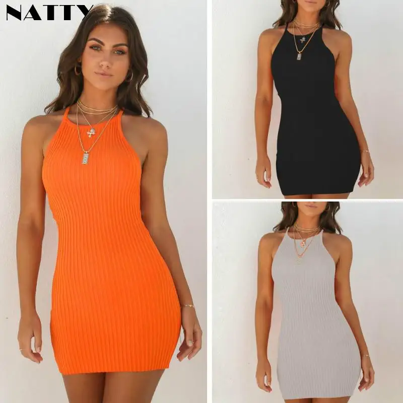 

Повседневное модное женское мини-платье без рукавов весна-лето 2021 облегающее однотонное базовое вязаное облегающее женское платье в уличн...