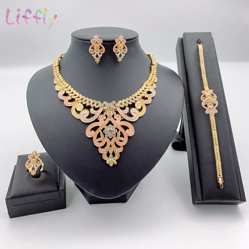 Дубай Золотые Ювелирные наборы для женщин модное ожерелье серьги браслет кольцо