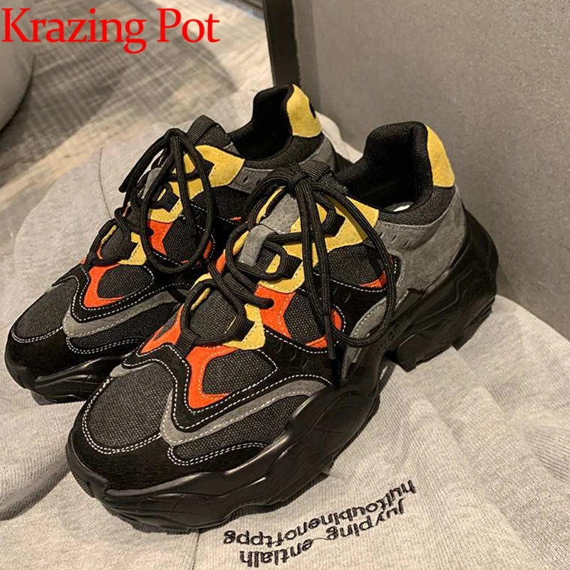 

Кроссовки Krazing pot из коровьей замши, дышащие сетчатые, на шнуровке, с круглым носком, на толстой подошве, Повседневная модная обувь с вулканиз...