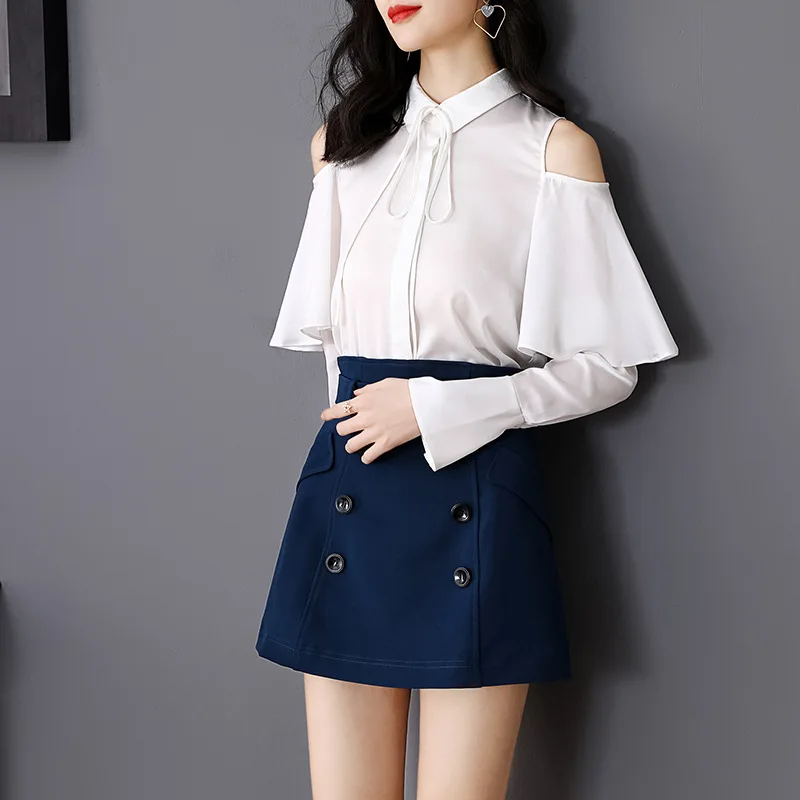 

Sexy Off Shoulder Blouse 2020 Spring Fashion Women Turn-down Collar Long Sleeve Black White Casual Party Shirt Blusas