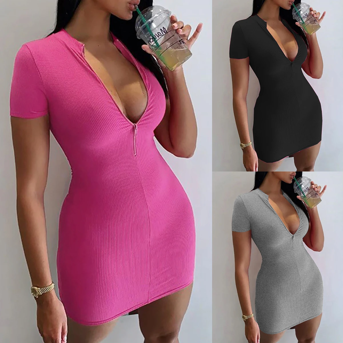 

Summer Women Plus Size Plain Zipper Front Mini Dress 2021 Femme Elegant Short Sleeve Bodycon Robe Office Lady Prom Outfits traf