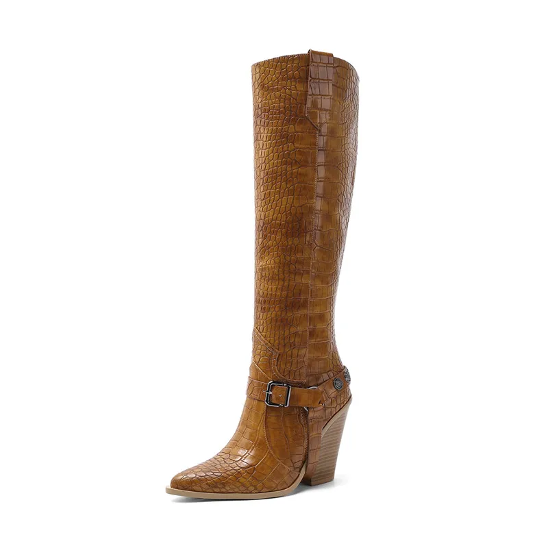 Женские сапоги до колена с острым носком и пряжкой большие размеры | Обувь