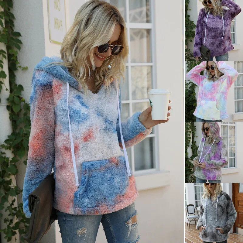 

Autumn and winter new style European and American fashion tie-dye pocket hooded plush long-sleeved sweatshirt women