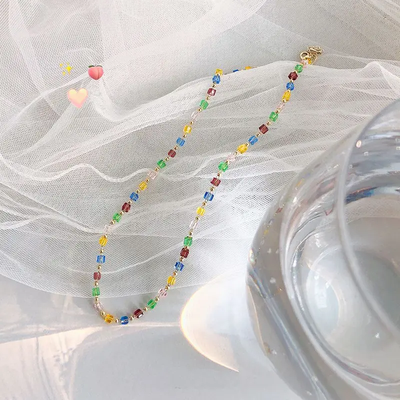 

2021 Korean Fashion Necklace Hand-made Beaded Colar Multicolor Crystal Choker Necklace for Women Jewelry Collier Femme Wholesale