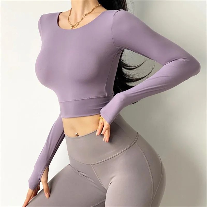 Inner Padded Sport T Shirt  Women Sexy Back Long Sleeve  Yoga Top Fitness  Running Workout  T-shirt High Elastic Gym Clothes