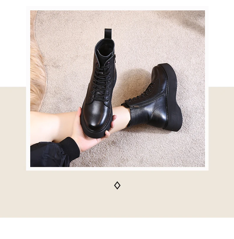 Women Boots Genuine Leather Ankle Boots flat Platform Boots Fashion zipper Thick bottom Black Ladies Shoes