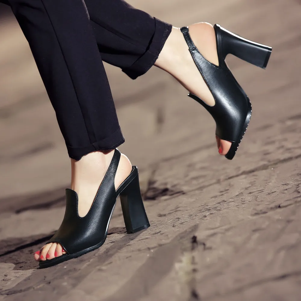 

Drestrive 2020 Summer Women's Sandals Genuine Leather High Heels 9 cm Peep Toe Cow Leather Stone Pattern Cow Leather Black