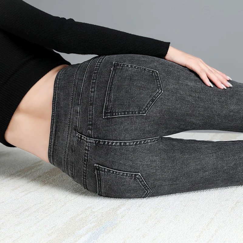 

TongSiHai Jeans Women High Waist Skinny Pencil Pants Ladies Girls Students Casual Cotton Denim Full-length Trousers Blue Grey