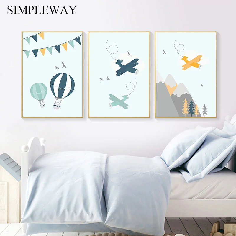 

Adventure Quote Nursery Child Poster Cartoon Mountain Airplane Print Wall Art Canvas Painting Nordic Kid Room Decoration Picture