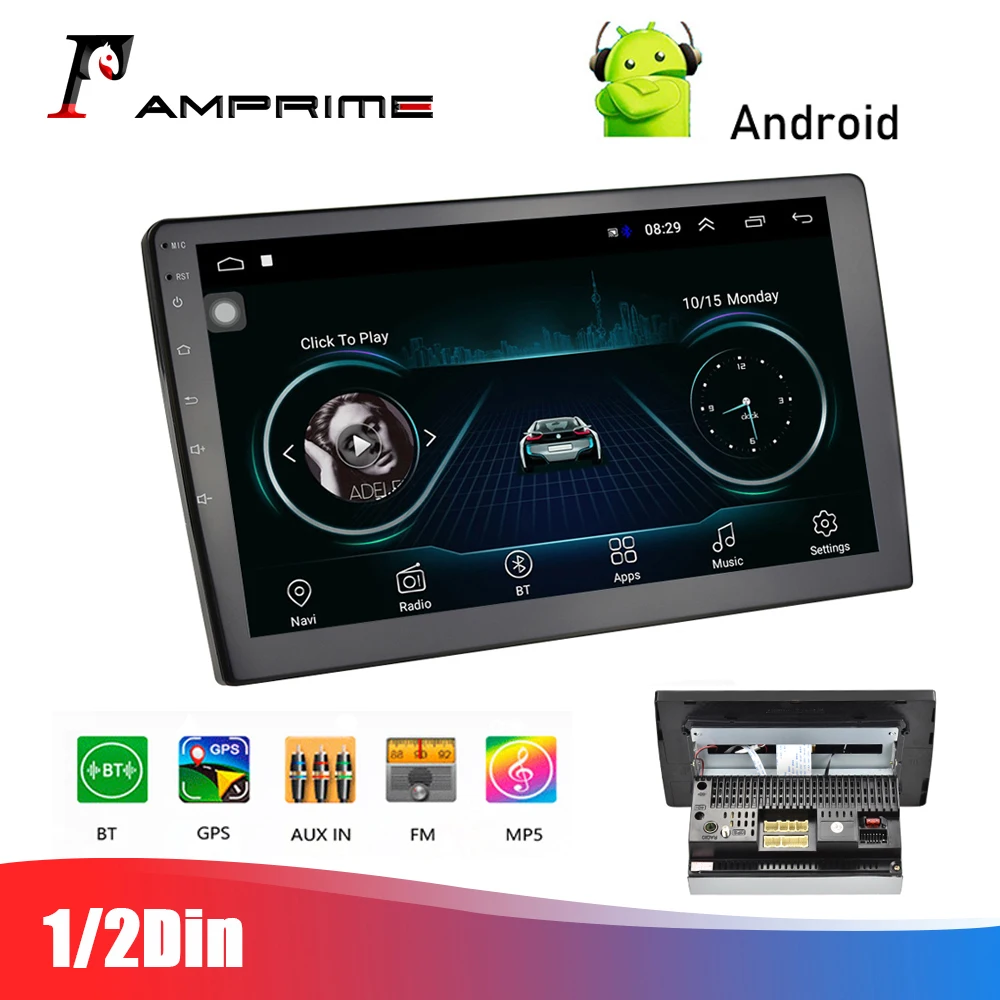 AMPrime Регулируемый 1DIN FM 10 1 ''автомобильный стерео радио Android 9 сенсорный экран