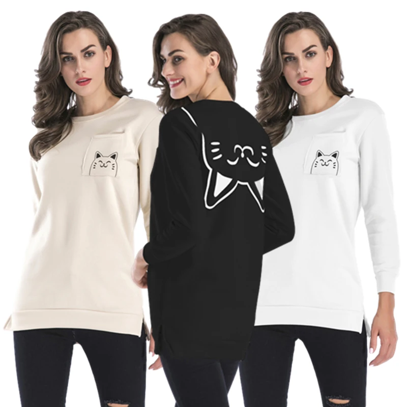 

Hoodies female cartoon printing casual women's autumn and winter plus velvet loose mid-length round neck wild hoodie