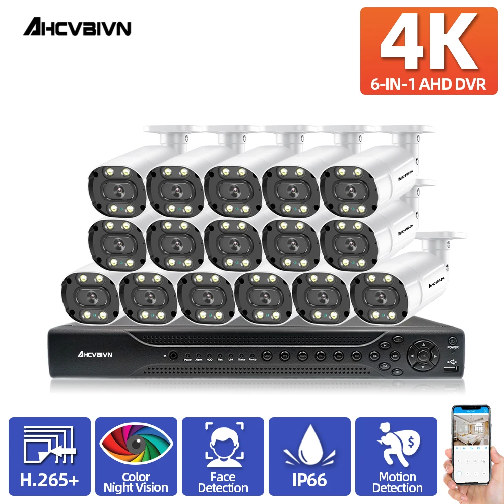 

4K 16CH AHD DVR IP66 наружная полноцветная система ночного обнаружения движения комплект камер видеонаблюдения 5 Мп