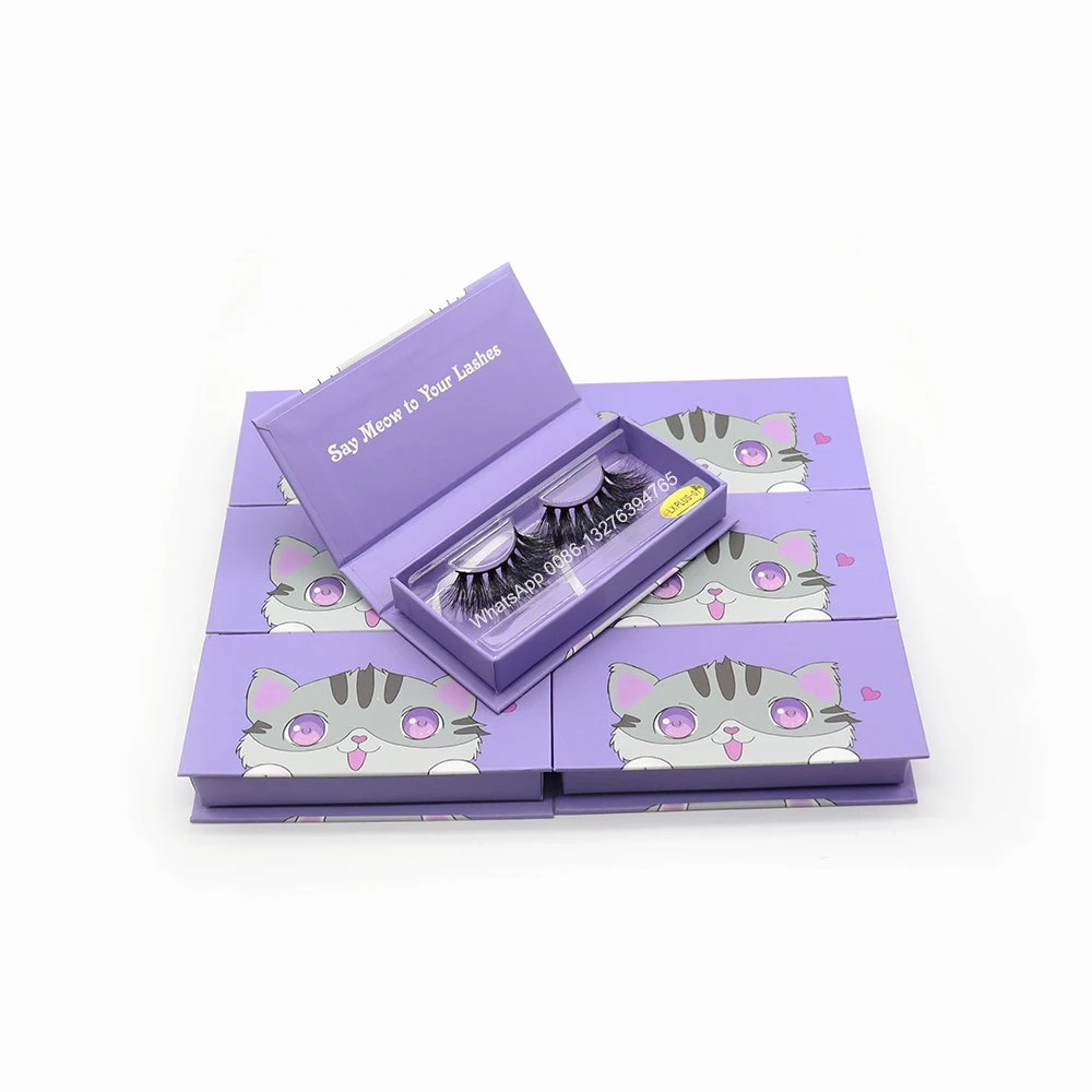 

Purple Cartoons Cat Eyelash Box Mink Lashes Dramatic Fluffy 25mm Long Eyelashes Custom Private Label Eyelash Packaging Box