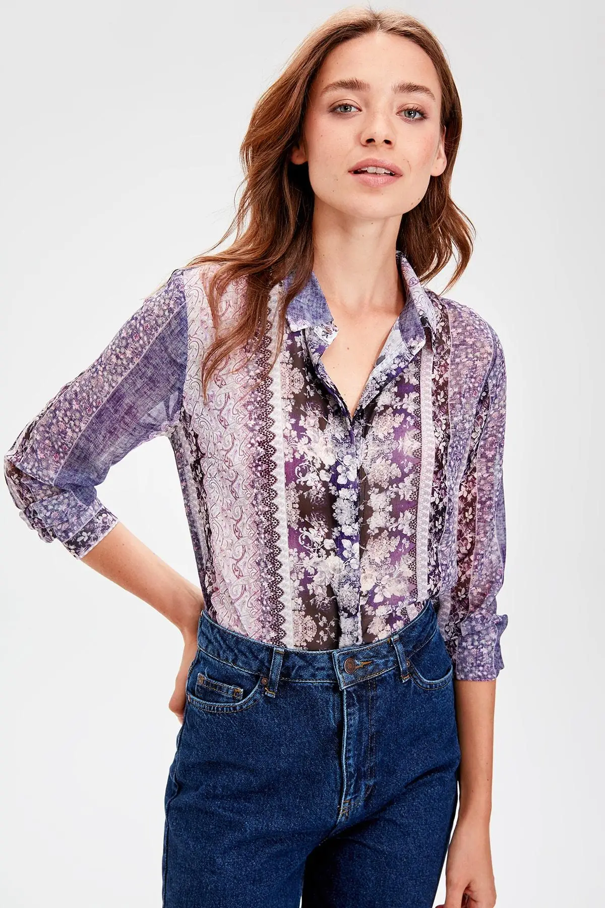 Trendyol фиолетовый Узорчатая рубашка TWOAW20GO0185