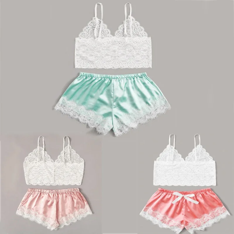 Sale Floral Lace Cami Top With Satin Shorts Lingerie Set Women Summer Sexy Sets Ladies Bra And Panty Sleepwear Pajama suit