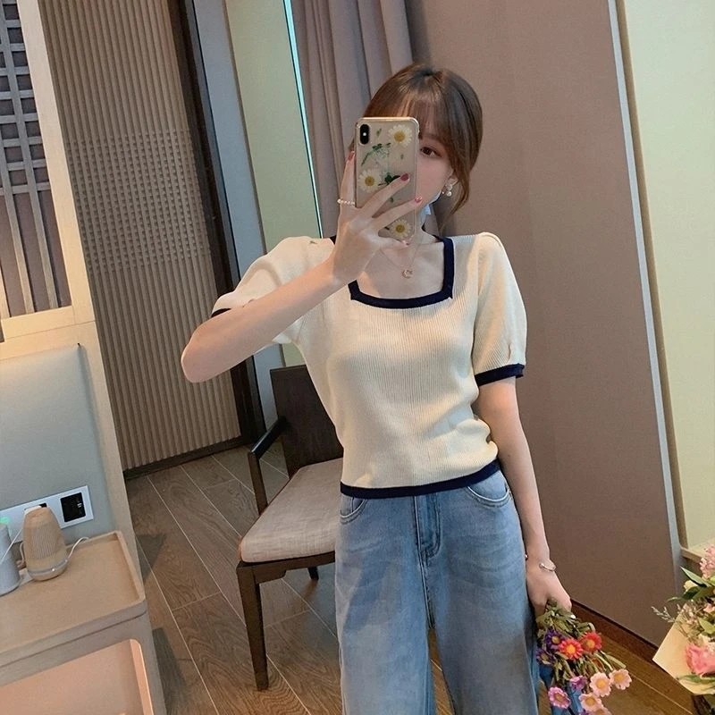 

KUSAHIKI Contrast Color Square Collar Puff Sleeve Knitted T Shirts Korean Slim Short Graphic Tees 2021 Spring Summer New 6G572