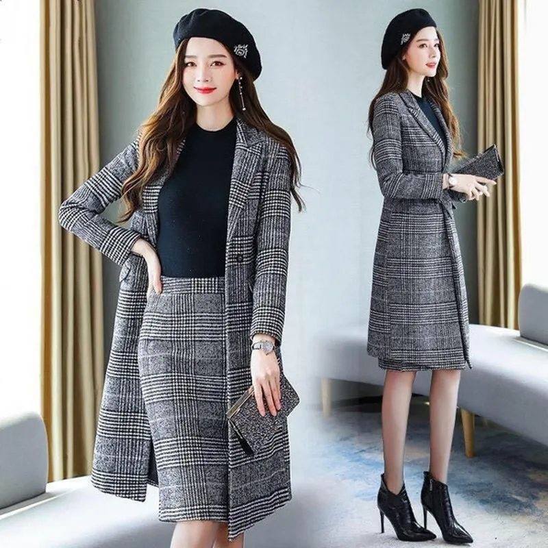 

Autumn Winter Woolen Two Piece Sets Women's Temperament Houndstooth Plaid Long Windbreaker Coat High Waist Skirt Suit