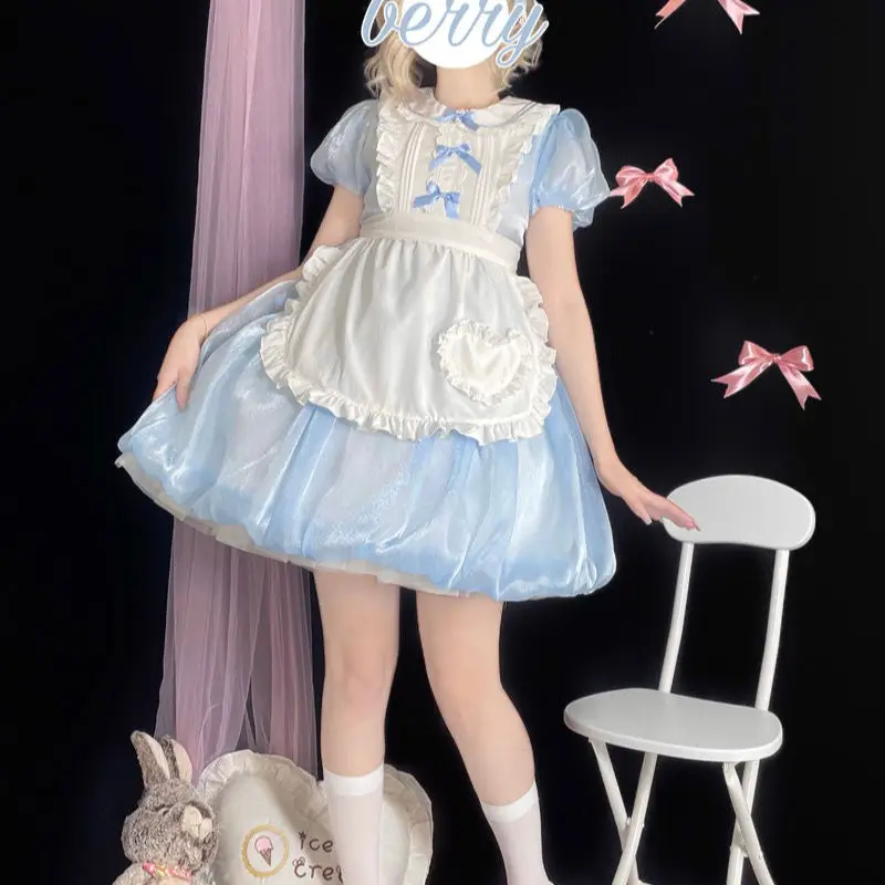 

Japanese Sweet Lolita Style Dress Women Summer Bowknot Cute Puff Sleeve Party Mini Dress Princess Tutu Dress