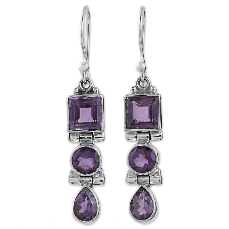 Серьги-подвески Женские винтажные серебряного цвета с фиолетовым кубическим
