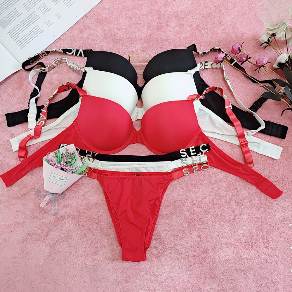 

New Rhinestones Secret Bikini Panties Brand Design Underwear Set Sexy Thongs Cotton Comfort Push Up Adjustable Bra Briefs