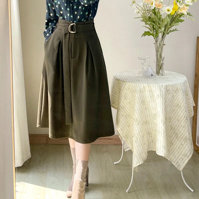 

Bud high waist large hem skirt women with belt 2021 autumn new fashion a-line mid-length skirt