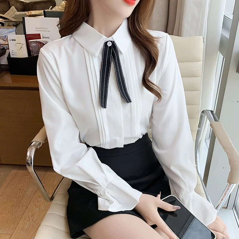 

Рубашка COIGARSAM, женские топы, осень 2021, офисные Женские однотонные шифоновые однобортные прямые белые женские рубашки с длинным рукавом