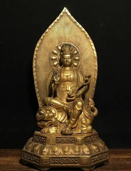 

14" Chinese old antique bronze gilt handmade Bodhisattva Manjusr Buddha statue