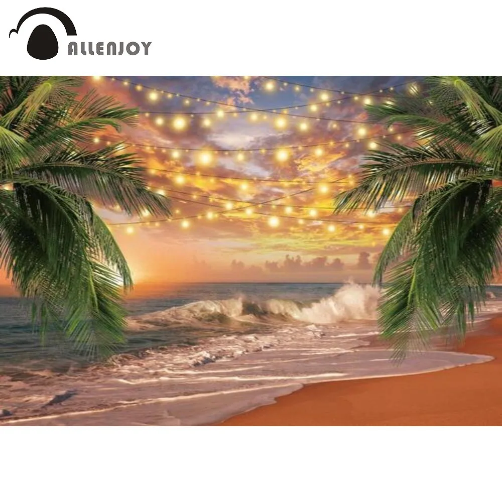 

Allenjoy Summer Vacation Party Background Seaside Sand Tropical Trees Sunset Shiny Bulbs Birthday Decoration Backdrop Photobooth