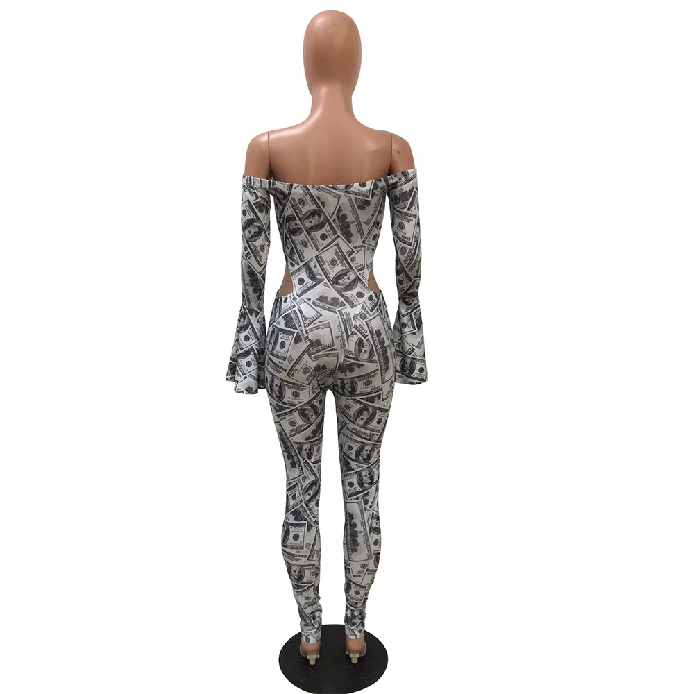 

Casual Money Dollar Print Sheer Mesh Night Party Club Jumpsuit Women Sexy Off Shoulder Long Flare Sleeve Romper Outfit Overalls