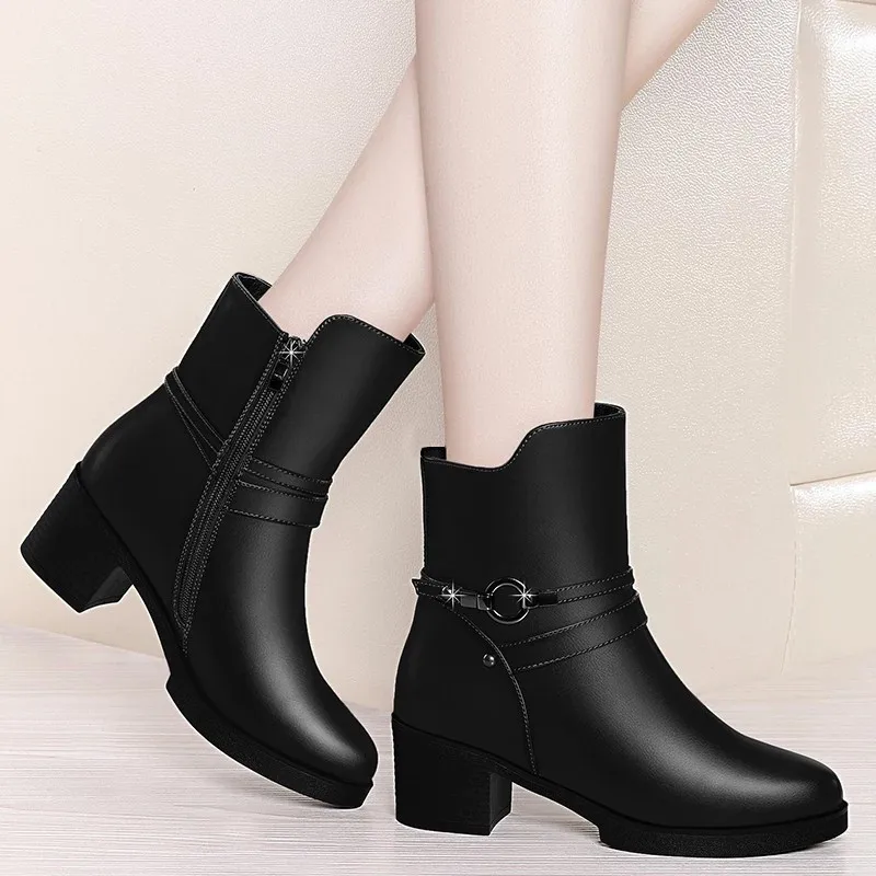 Elegant Women's Ankle Boots Leather Short Boot Lady Winter High Heel Shoes Wedding Party Formal Dress Shoes England Style 2021