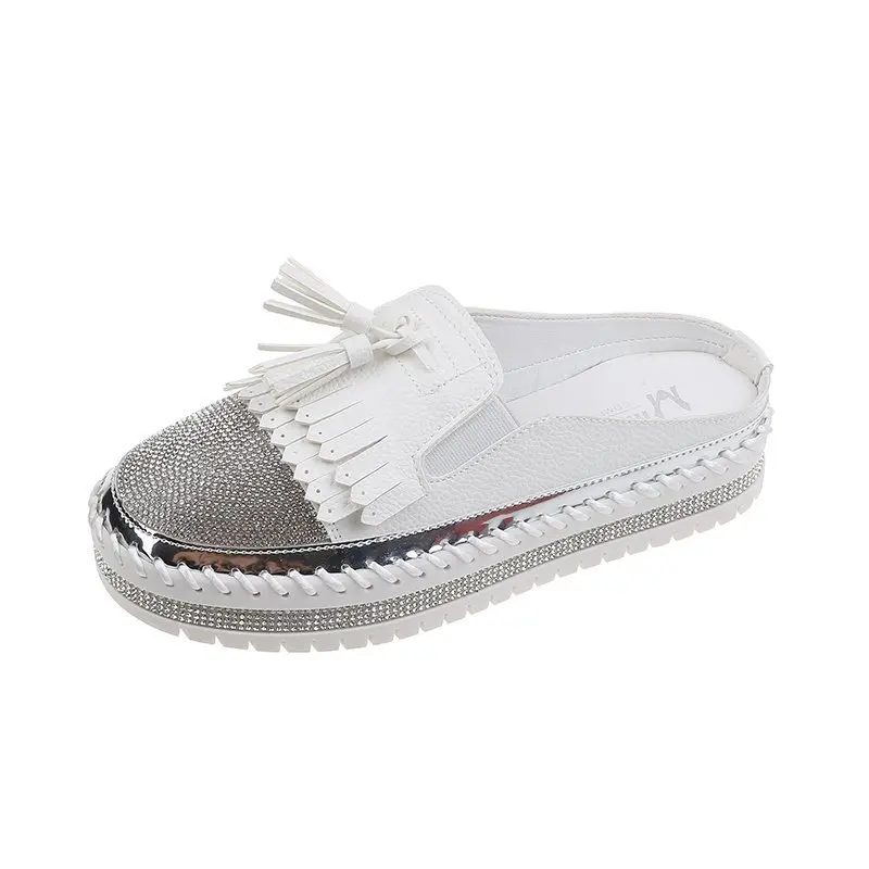 

Women's Close Round Toe Slipper Rhinestone Crystal Fringes Comfy Chic All Match Fashion Solid Color Thick Sole Platform Slippers