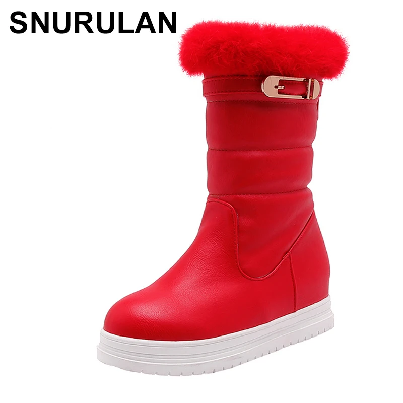

Женские зимние сапоги SNURULAN, модные кожаные зимние теплые сапоги с натуральным мехом для женщин, женские сапоги на танкетке, черные, белые, красные