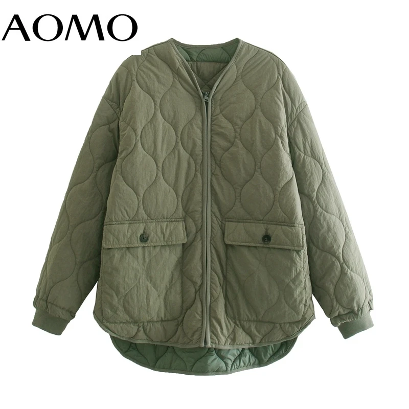 

AOMO Women Amy Green Oversize Thin Parkas Double Side Wear 2021 Long Sleeve Buttons Pockets Female Warm Coat 5Z46A