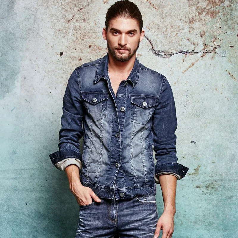 Мужская Облегающая джинсовая куртка трикотажная стрейчевая ковбойская