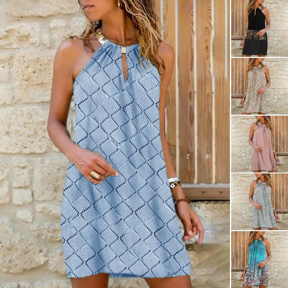 

Women Plaid Dress Solid Color Check Plaid Halter Sleeveless Leopard Patchwork Loose Mini Dress Large Swing Casual Loose Vestidos