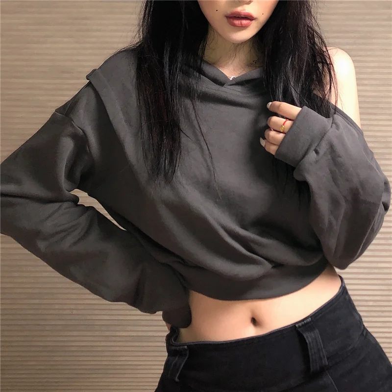 

New Irregular Hollow Hoodies Out Off Shoulder Grey Hoodie Women's Short Waist Closing Sweater in Early Autumn