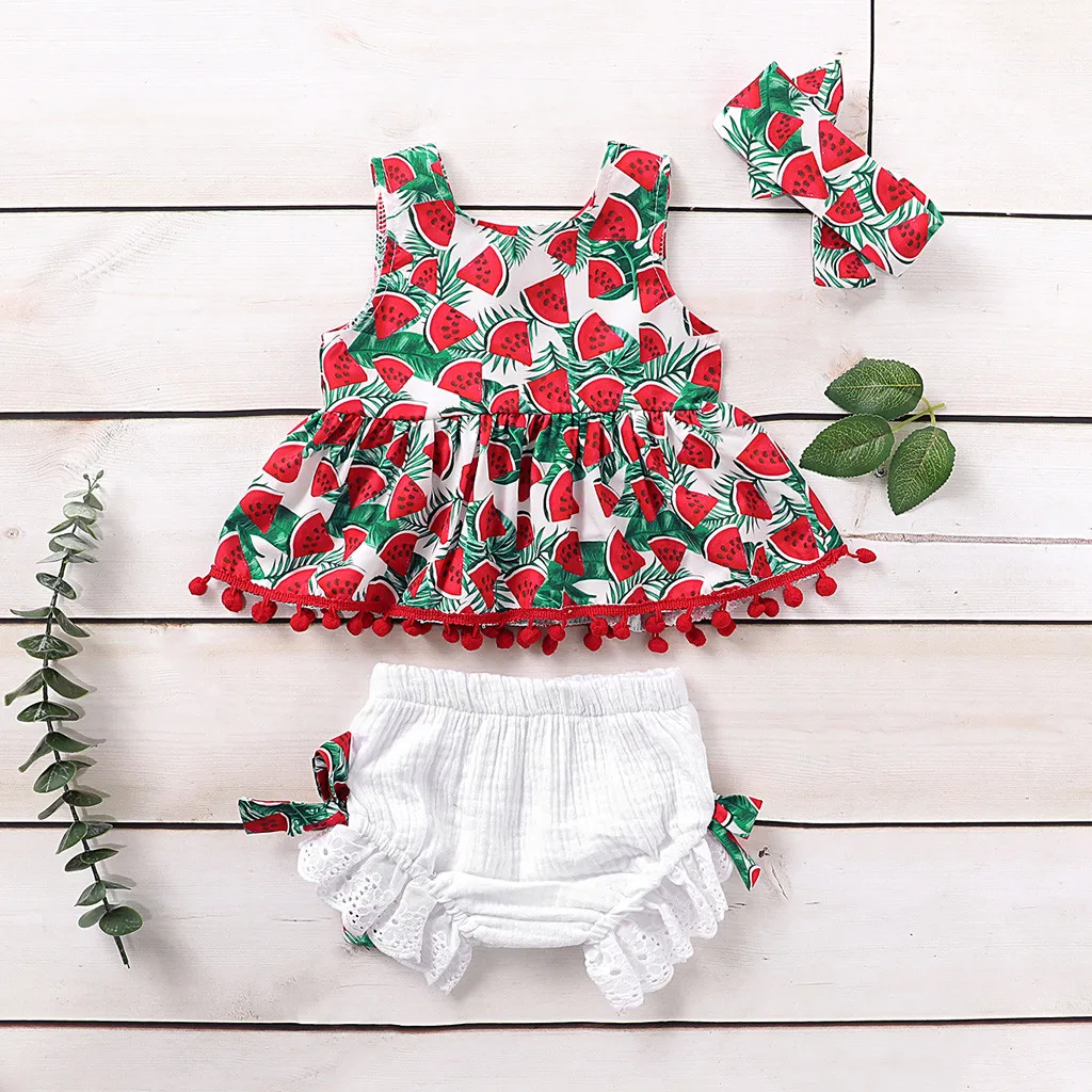 

Baby Kids Clothing Sets toddler Kids Baby Girls Watermelon Tassel Tops+bowknot Shorts Summer Outfits деская дежда Ropa Teens